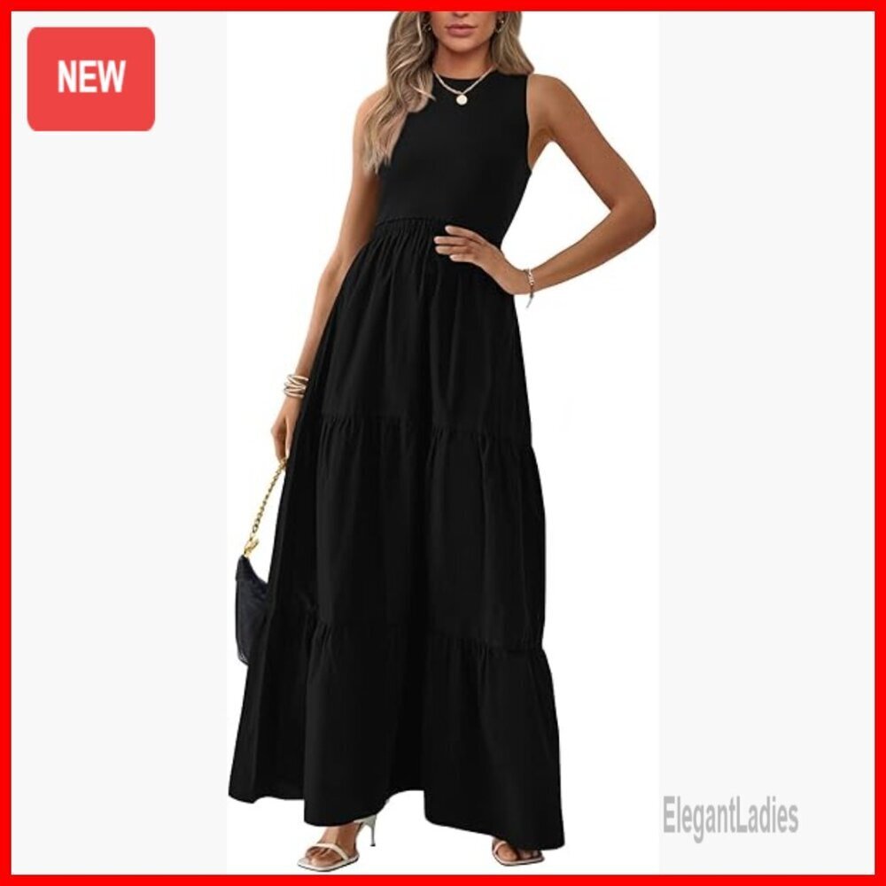 Sleeveless Maxi Dress with Pockets, Ribbed Knit Top, Polyester Skirt